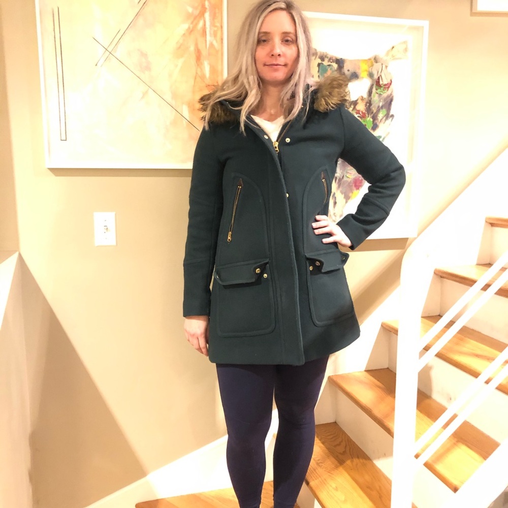 J.Crew Stadium Cloth wool coat with fur.